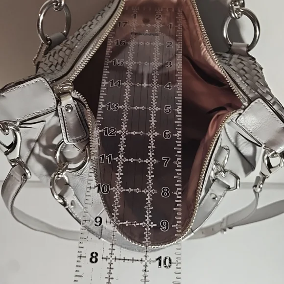 Coach Kristen Woven Round Leather Satchel $498 Authentic Gray/Silver VGUC - Picture 8 of 16